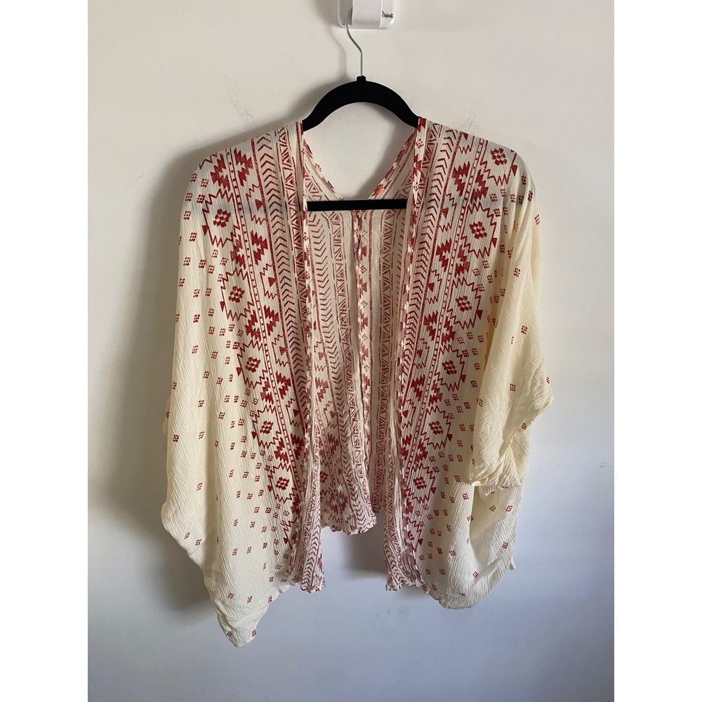 Womens Bohemian Geometric Tribal Print Open Front Kimono Cardigan Cream Rust